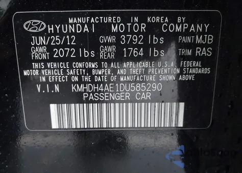2013 Hyundai Elantra Gls/Limited from USA, damaged, VIN KMHDH4AE1DU585290